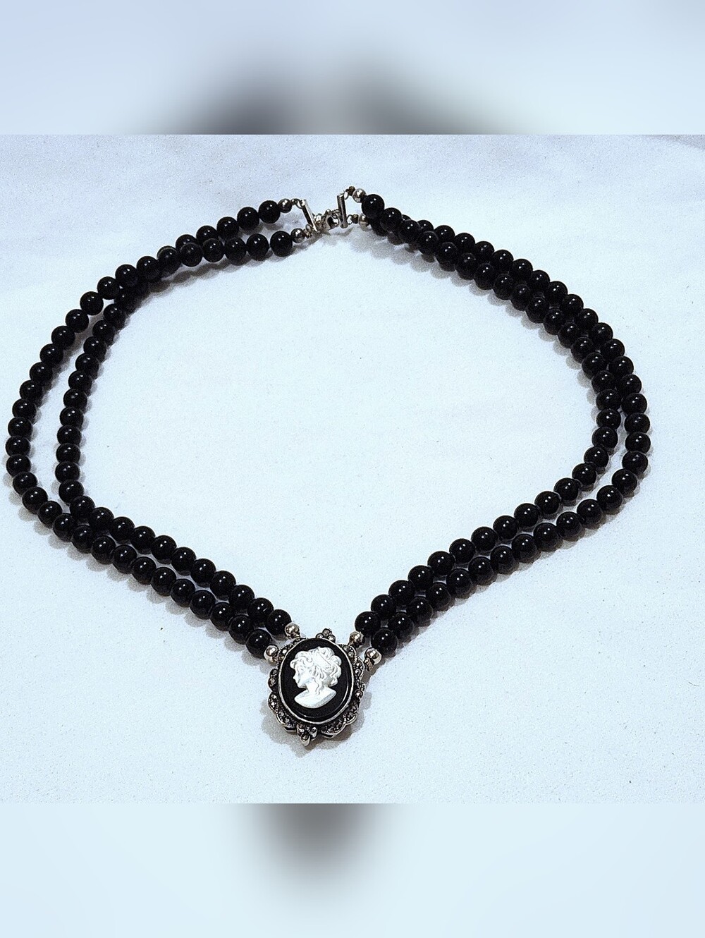 Vintage MOP Cameo Pendant Necklace 925 Sterling Silver Black Onyx  17" Choker
